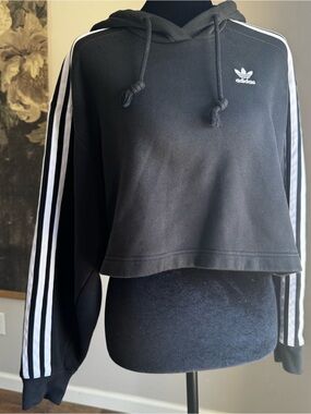 adidas Black Cropped Hoodie with White Stripe Sleeves